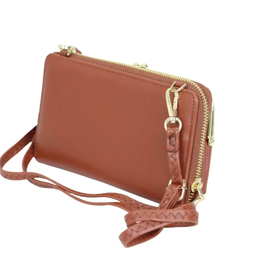 Brown Faux Leather Purse Wallet Cross Body Shoulder Bag Clutch Coin Purse - Picture 2 of 8